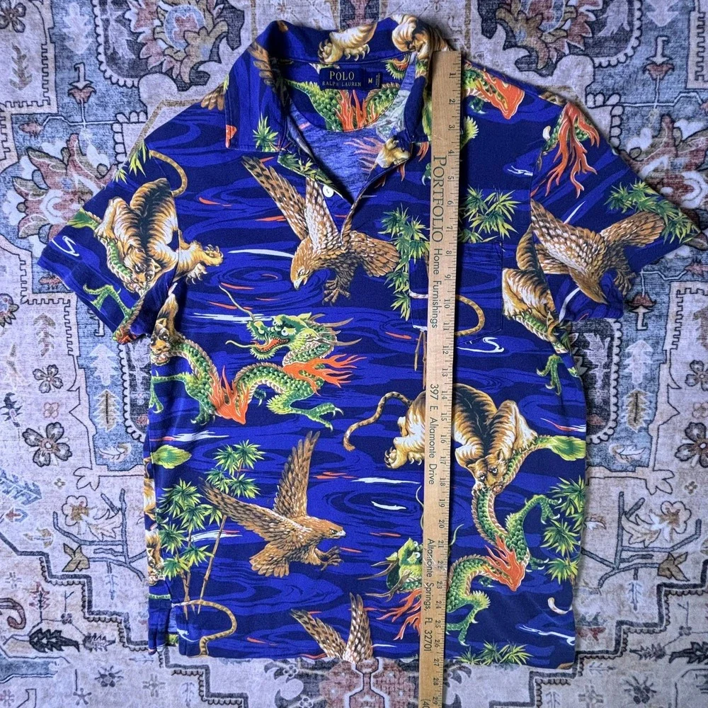 Polo Ralph Lauren Mens Blue Tiger Dragon Eagle Japanese Print Shirt Medium 2014